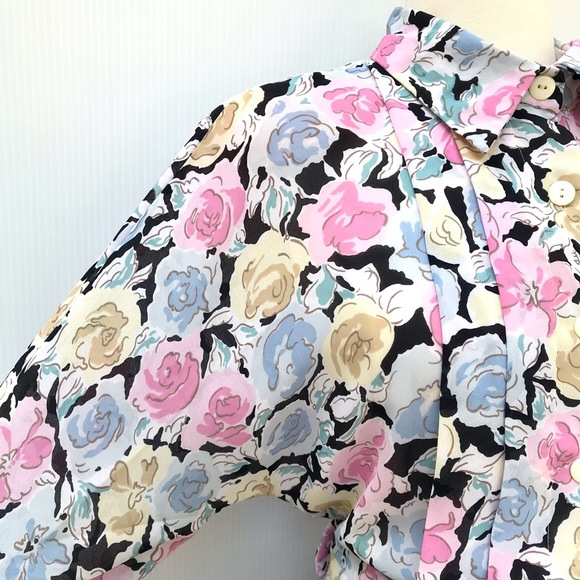 Vintage 80’s black & pastel roses floral secretary dress - Picture 3 of 9